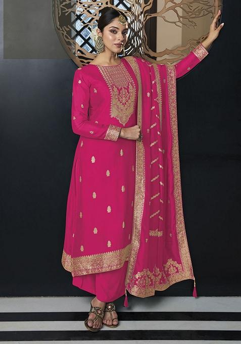 Pink Hand Embroidered Viscose Silk Kurta Set