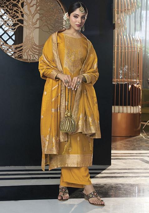 Yellow Hand Embroidered Viscose Silk Kurta Set