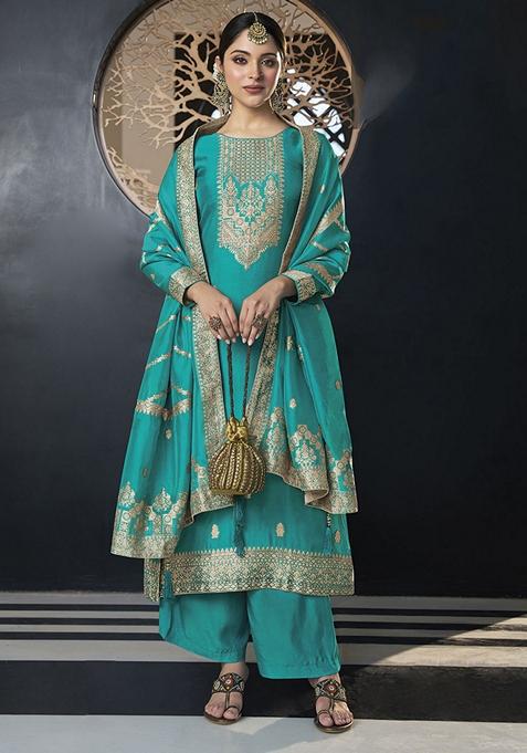 Blue Hand Embroidered Viscose Silk Kurta Set