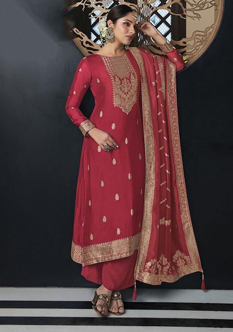 Red Hand Embroidered Viscose Silk Kurta Set