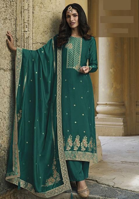 Rama Blue Hand Embroidered Viscose Silk Kurta Set