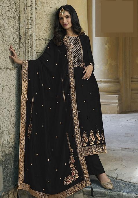 Black Hand Embroidered Viscose Silk Kurta Set