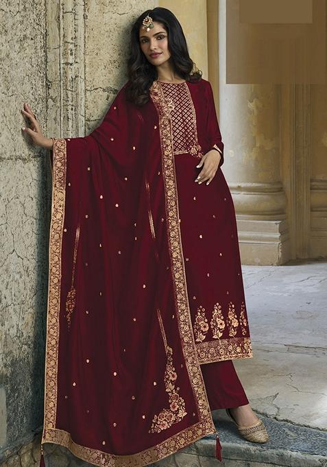 Maroon Hand Embroidered Viscose Silk Kurta Set