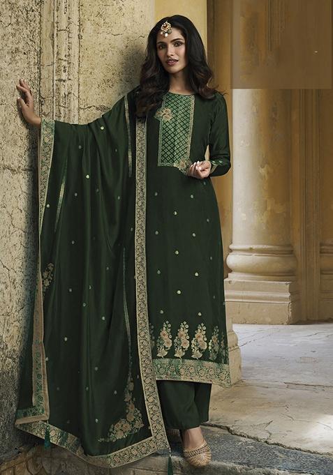 Green Hand Embroidered Viscose Silk Kurta Set