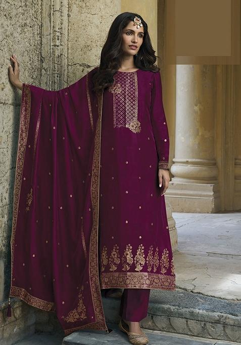 Burgundy Hand Embroidered Viscose Silk Kurta Set