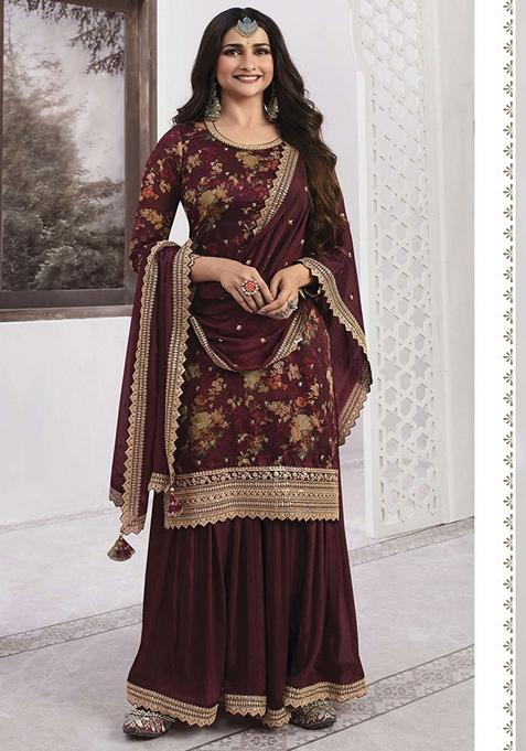 Maroon Embroidered Georgette Kurta Set