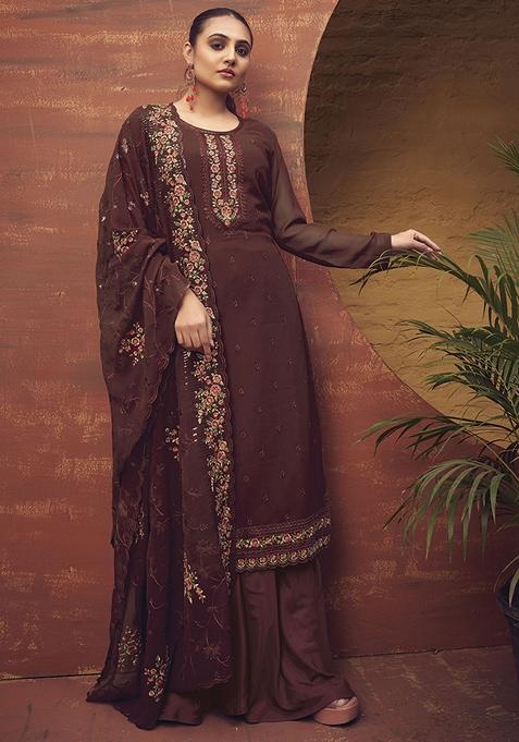 Maroon Thread Embroidered Georgette Kurta Set