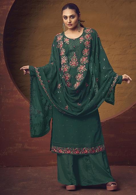 Green Thread Embroidered Georgette Kurta Set