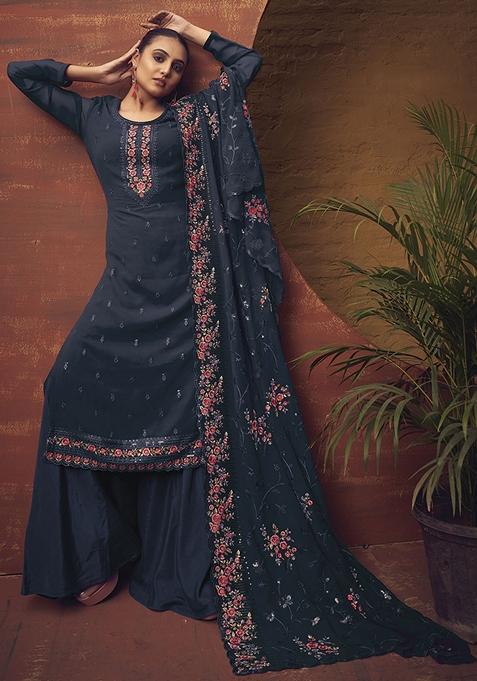 Teal Blue Thread Embroidered Georgette Kurta Set