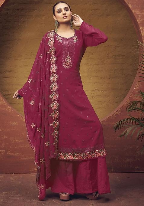 Pink Thread Embroidered Georgette Kurta Set