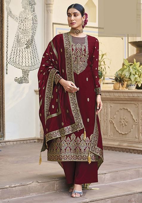 Maroon Hand Embroidered Viscose Silk Kurta Set