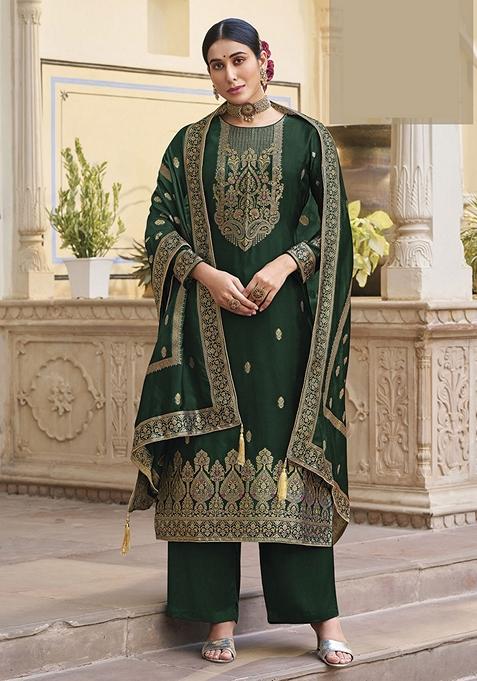 Green Hand Embroidered Viscose Silk Kurta Set