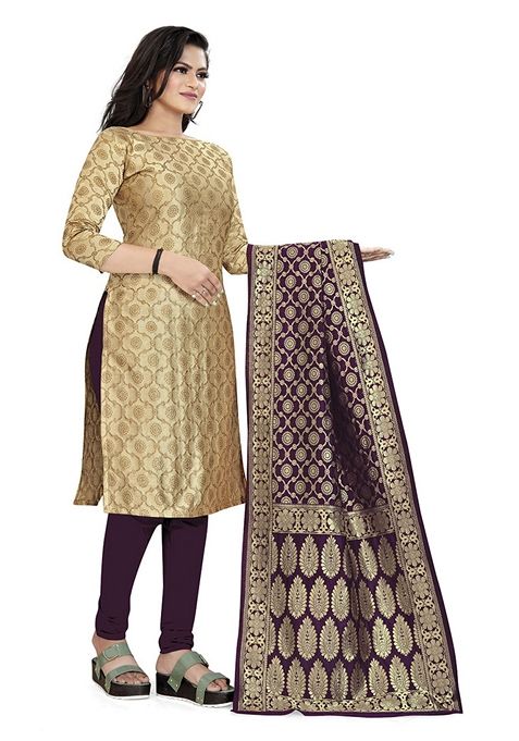 Beige Woven Banarasi Silk Kurta Set