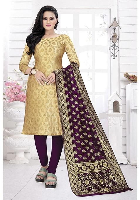 Beige Woven Banarasi Silk Kurta Set