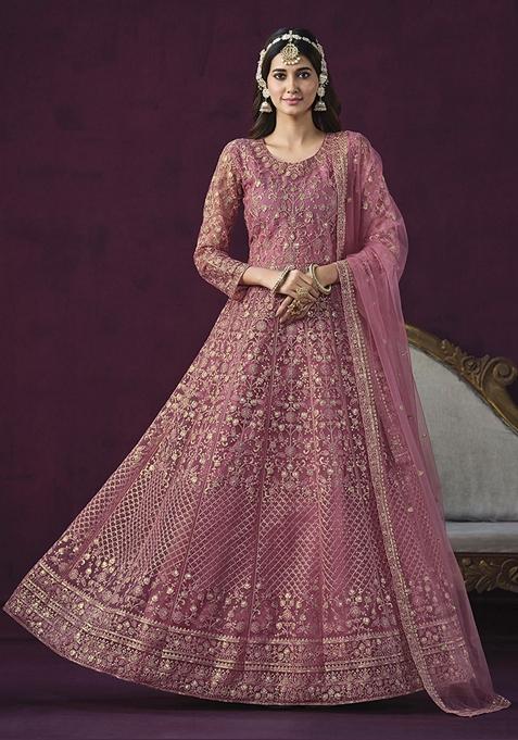 Pink Embroidered Net Anarkali Gown Set