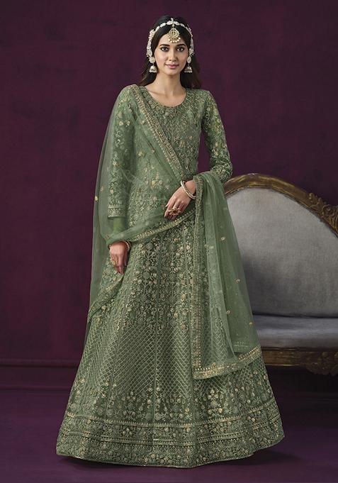 Green Embroidered Net Anarkali Gown Set