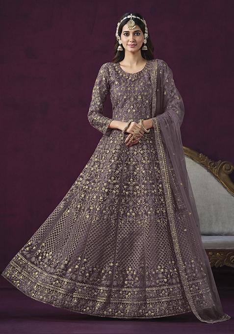 Mauve Embroidered Net Anarkali Gown Set