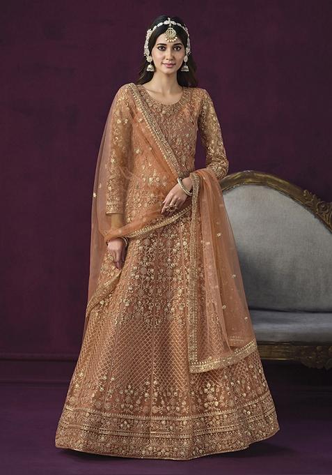 Peach Embroidered Net Anarkali Gown Set