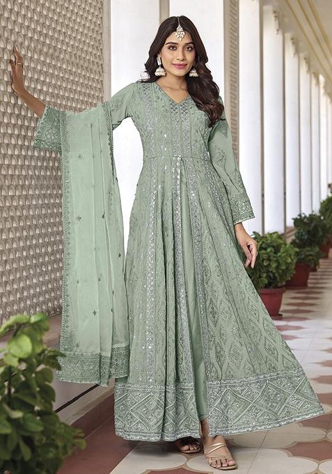 Pista Green Thread Embroidered Faux Georgette Kurta Set