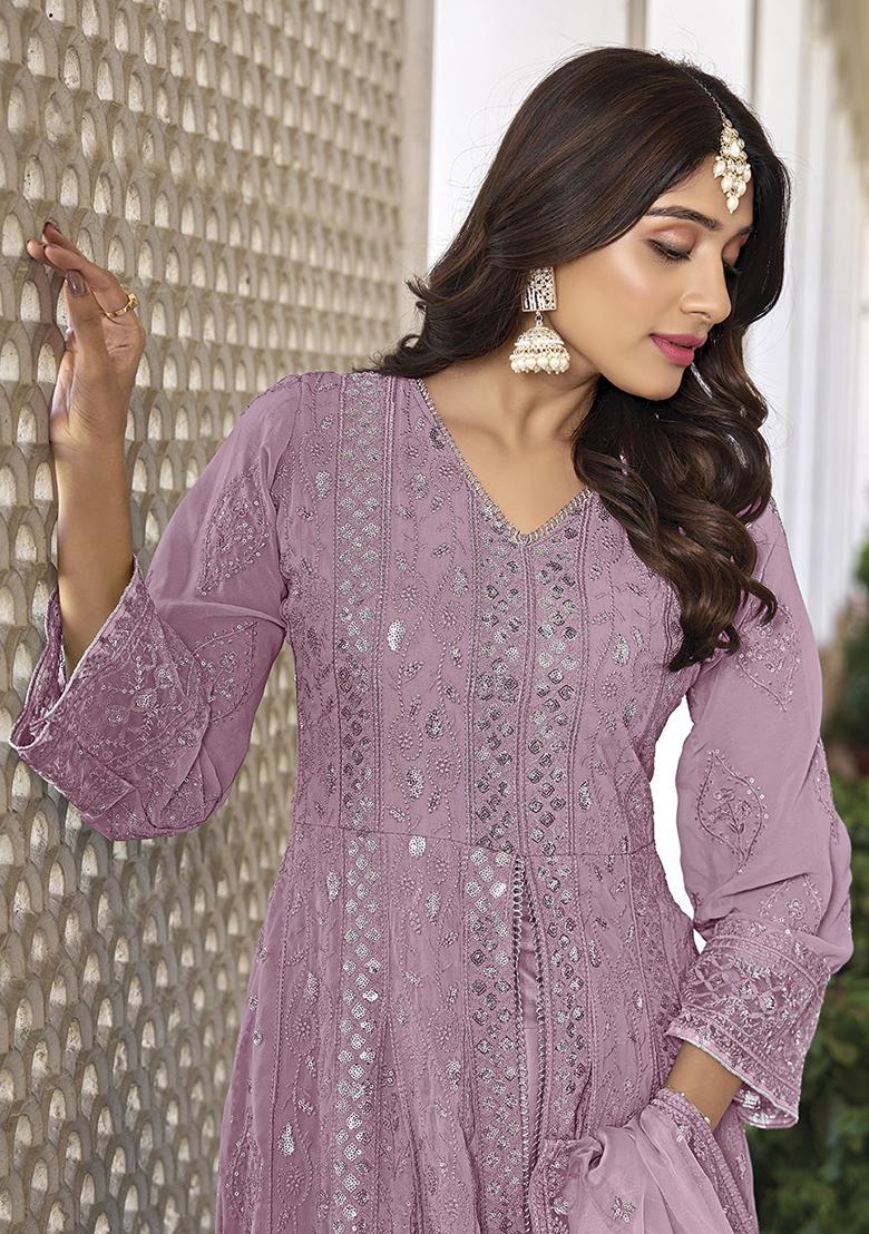 Pink Thread Embroidered Faux Georgette Kurta Set