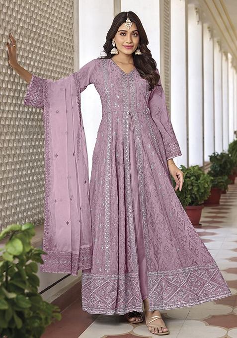 Pink Thread Embroidered Faux Georgette Kurta Set