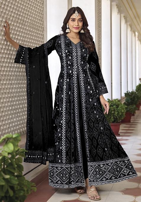 Black Thread Embroidered Faux Georgette Kurta Set