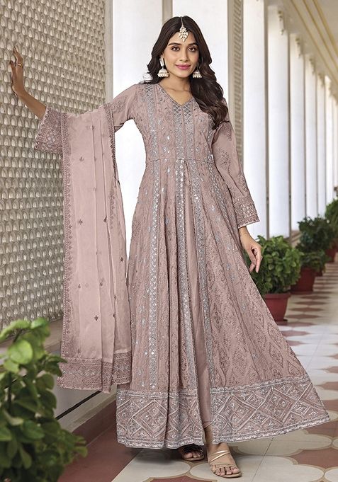 Light Purple Thread Embroidered Faux Georgette Kurta Set