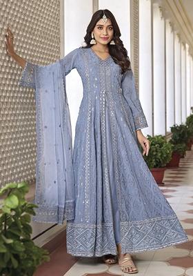 Blue Thread Embroidered Faux Georgette Kurta Set