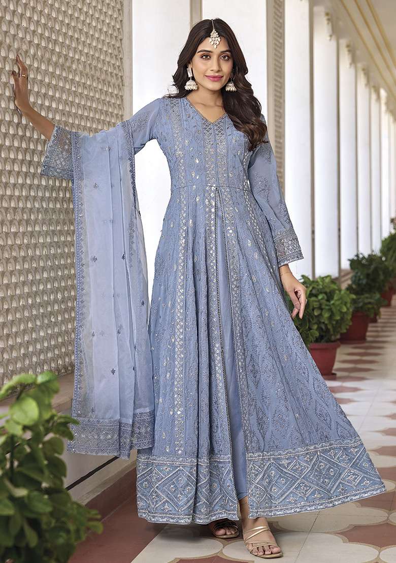 Blue Embroidered Faux Blooming Anarkali Set - Indya
