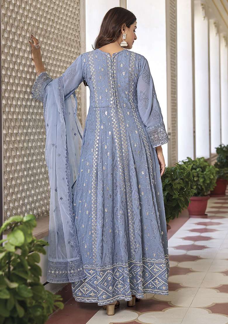 Blue Embroidered Faux Blooming Anarkali Set - Indya