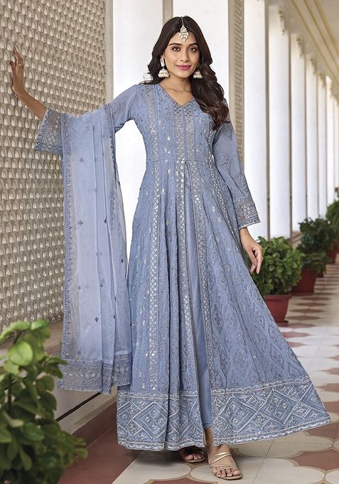 Blue Thread Embroidered Faux Georgette Kurta Set