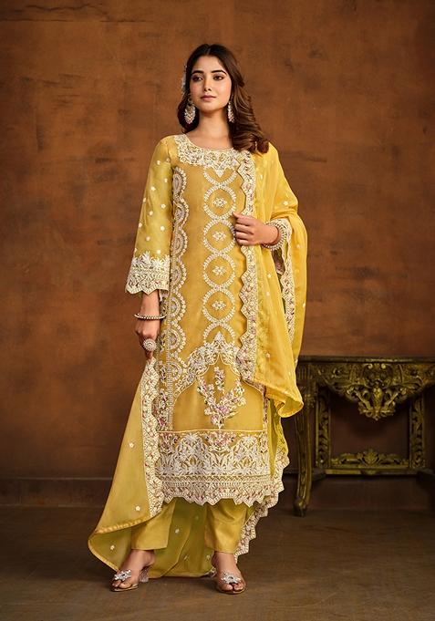 Yellow Thread Embroidered Soft Organza Kurta Set