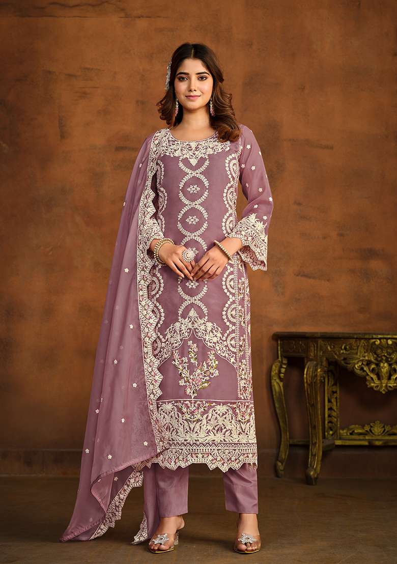Purple Thread Embroidered Soft Organza Kurta Set - Indya