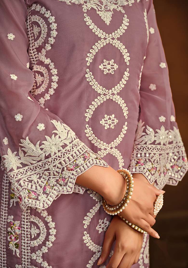 Purple Thread Embroidered Soft Organza Kurta Set - Indya