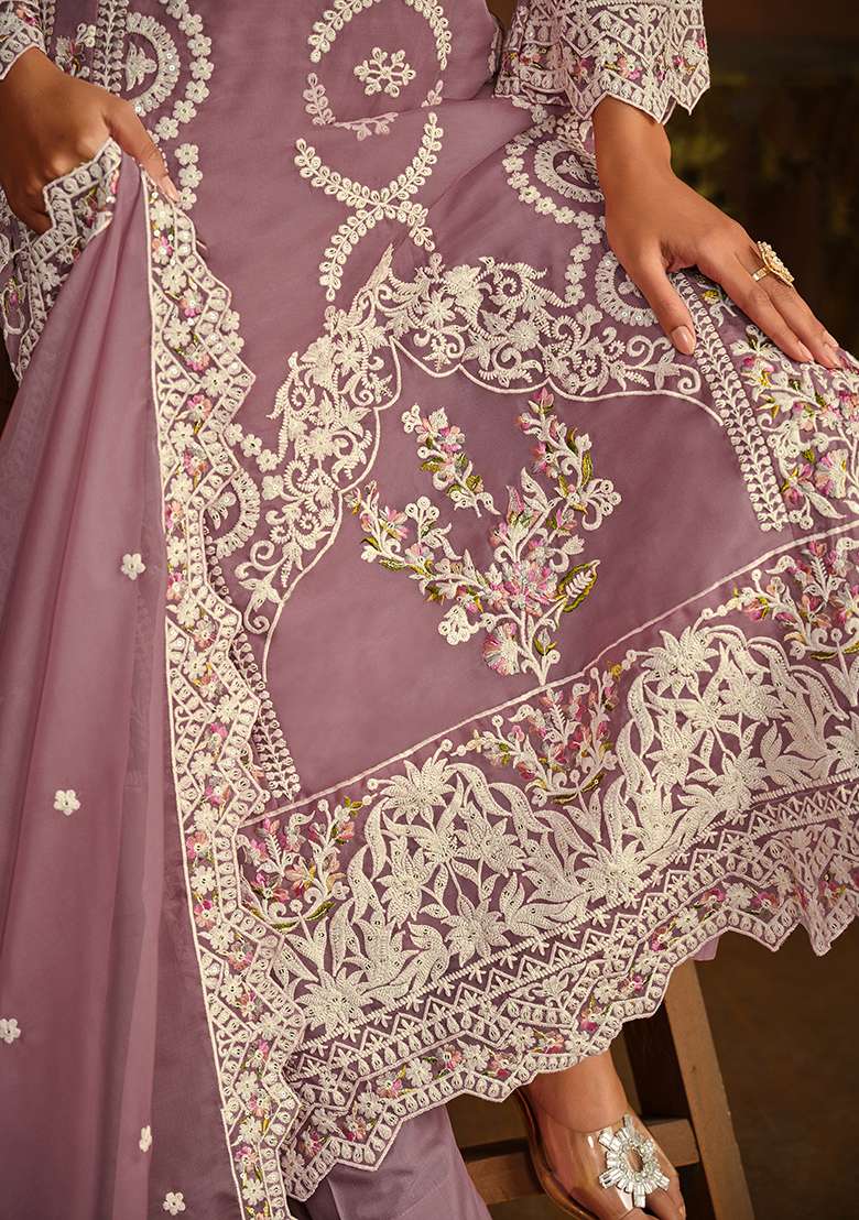 Purple Thread Embroidered Soft Organza Kurta Set - Indya