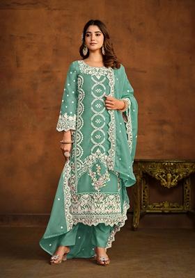Sea Green Thread Embroidered Soft Organza Kurta Set