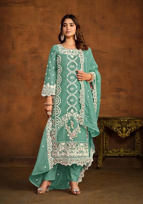 Sea Green Thread Embroidered Soft Organza Kurta Set