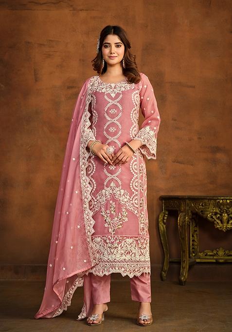 Pink Thread Embroidered Soft Organza Kurta Set