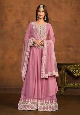 Pink Embroidered Faux Georgette Kurta Set