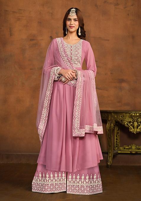 Pink Embroidered Faux Georgette Kurta Set