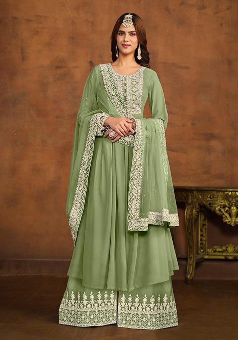 Pista Green Embroidered Faux Georgette Kurta Set