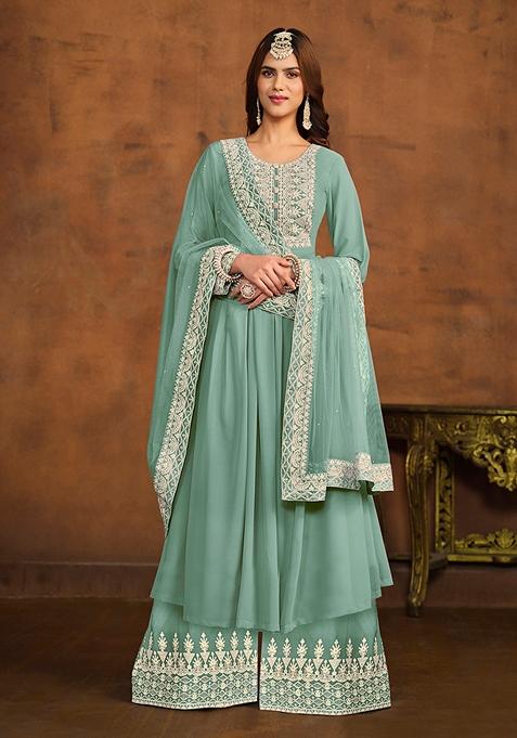 Blue Embroidered Faux Georgette Kurta Set