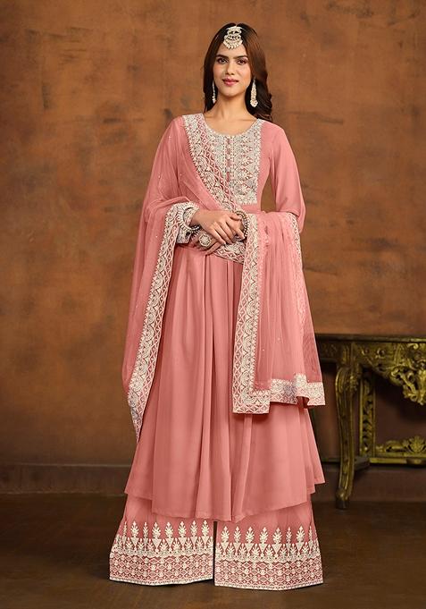 Salmon Pink Embroidered Faux Georgette Kurta Set