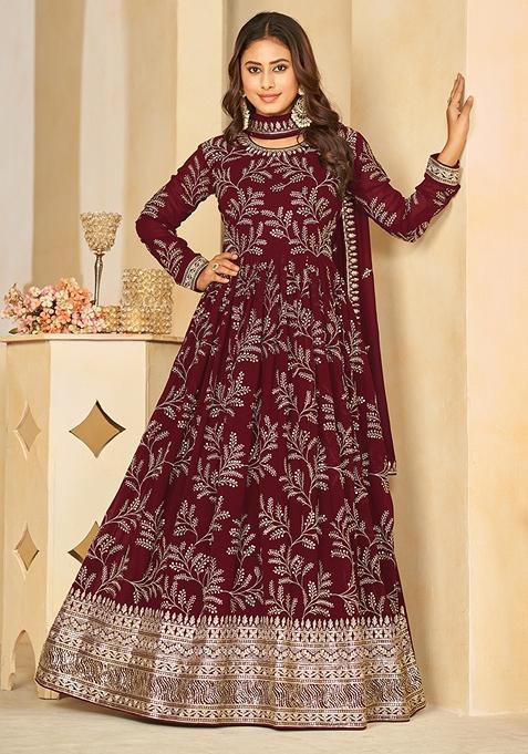 Maroon Embroidered Faux Georgette Anarkali Gown Set