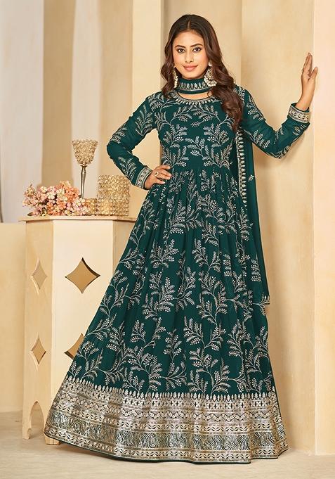 Rama Blue Embroidered Faux Georgette Anarkali Gown Set