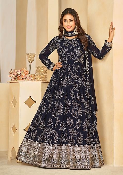 Blue Embroidered Faux Georgette Anarkali Gown Set