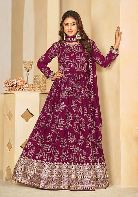 Pink Embroidered Faux Georgette Anarkali Gown Set