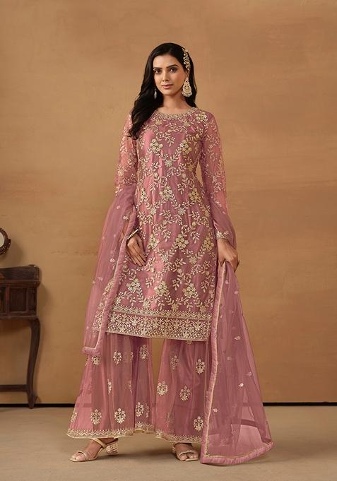 Pink Embroidered Net Kurta Set