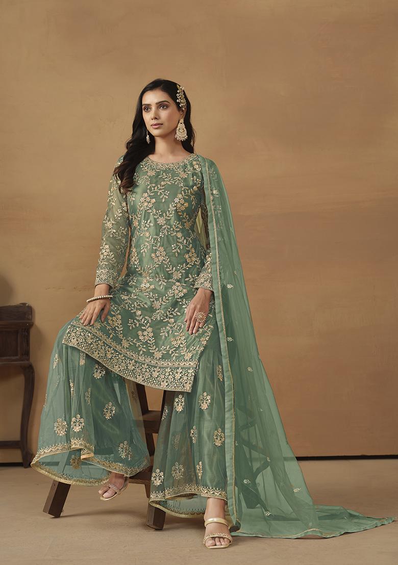 Green Embroidered Net Kurta Set
