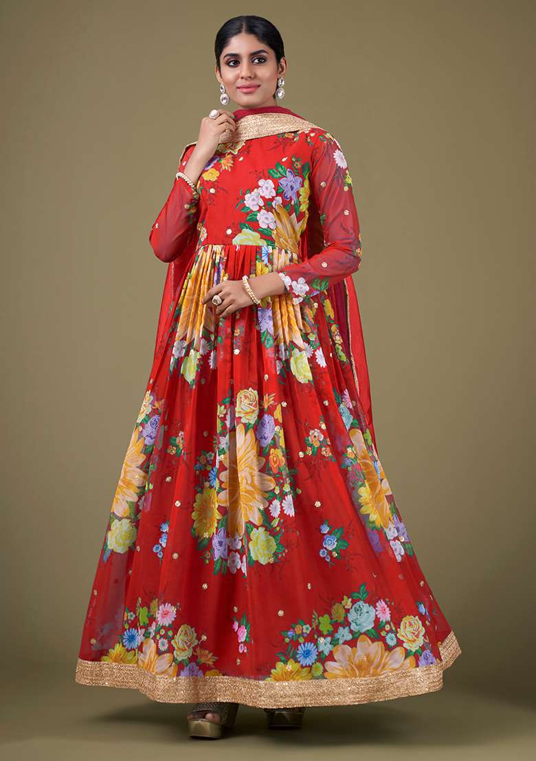Red Embroidered Faux Georgette Anarkali Kurta Set - Indya